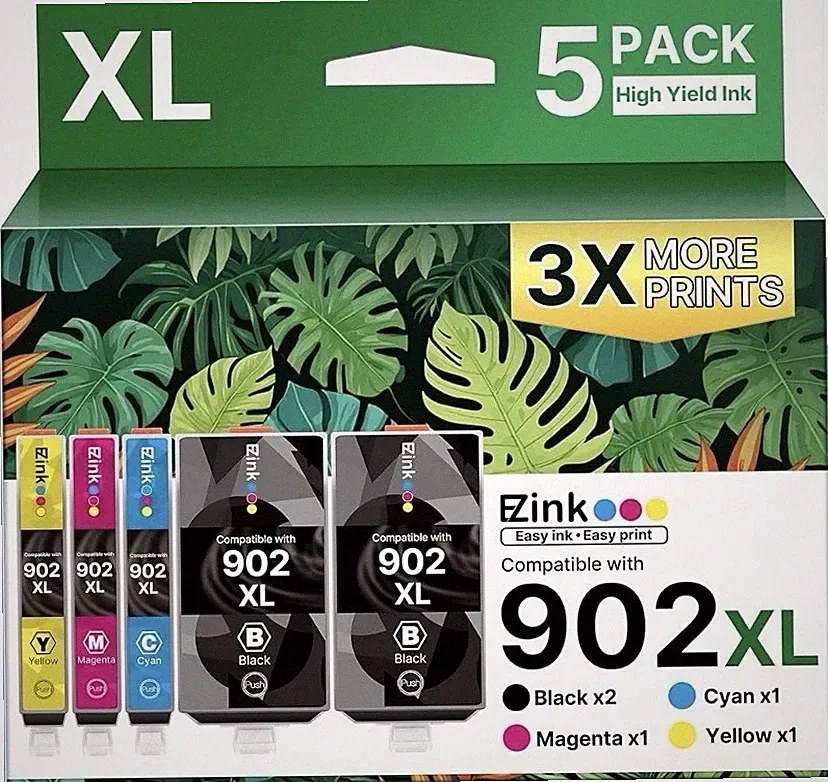EZink 902XL Ink Cartridges Combo Pack for HP Printers Black Color Set 5 Pack